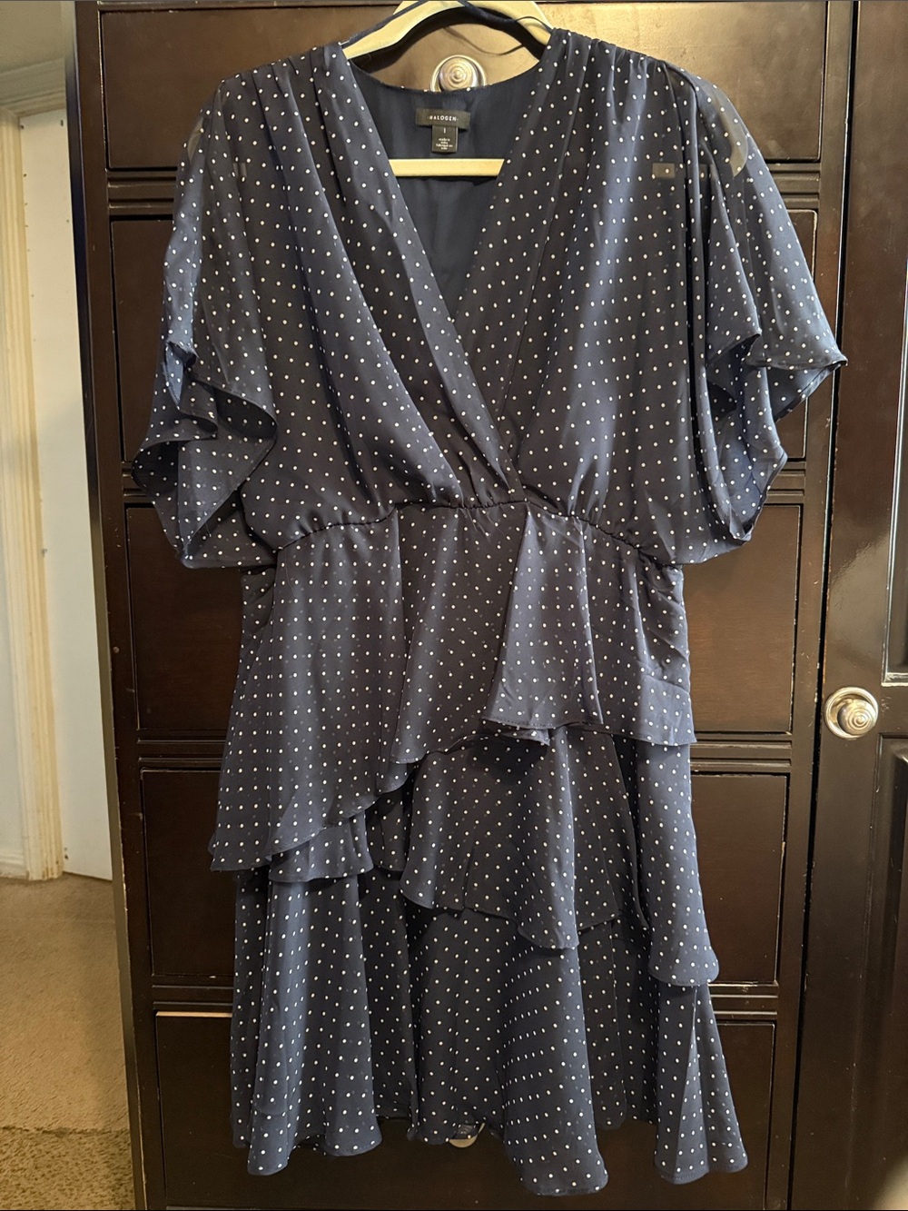 Halogen Navy Polka Dot Tiered Wrap Midi Dress